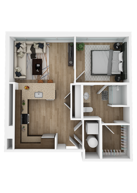 Floor plan for 1 bed, 1 bath, 613 sqft